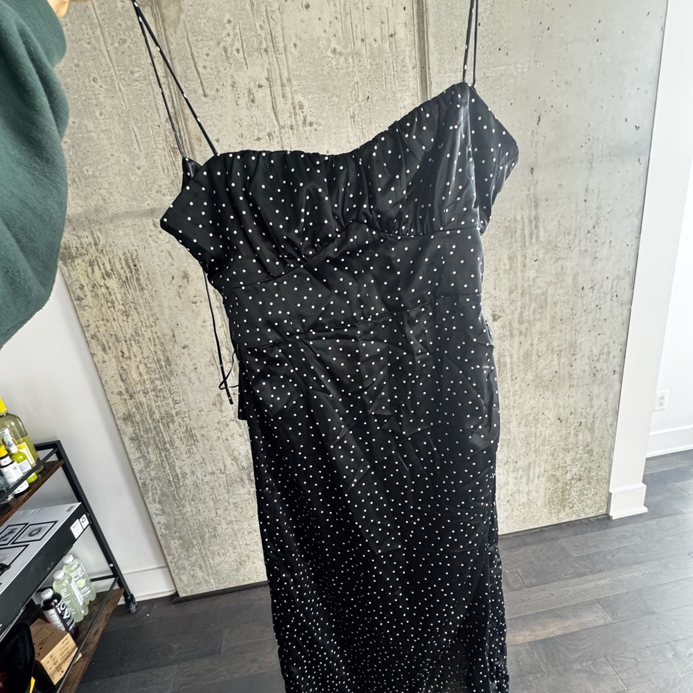 Zara Black Polka Dot Midi Slip Dress with Spaghetti Straps for Cocktail